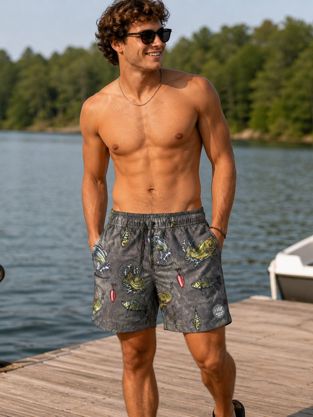 PSYCHO TUNA Men’s Small Waterproof Fishing / Swimming Shorts Gray With Fish